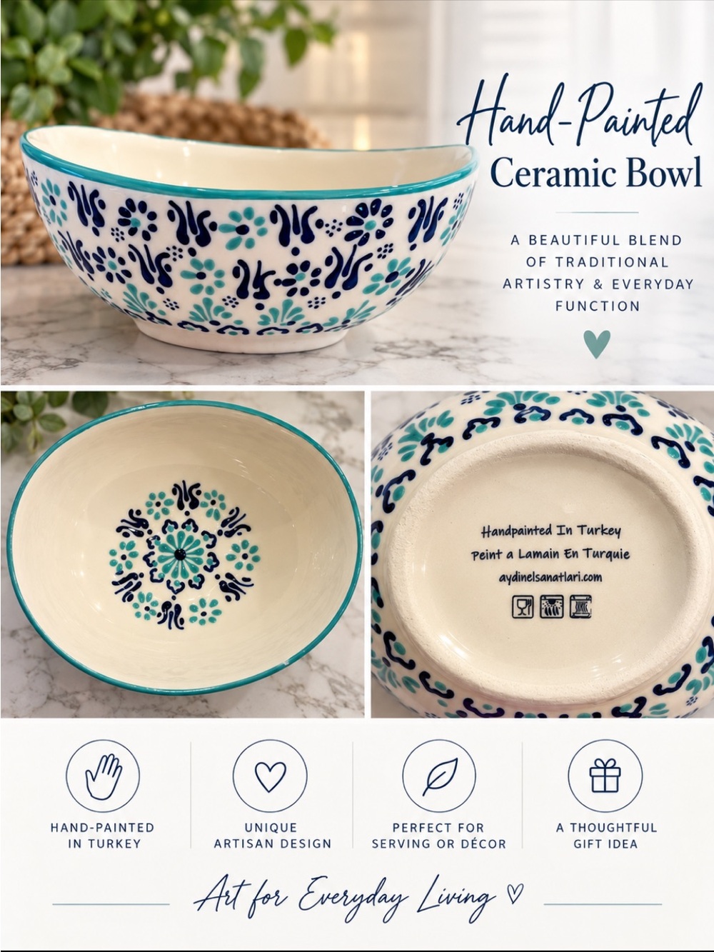 Set of 4 Hand-Painted Ceramic Bowl in Teal and Navy - Artisan Home Art
